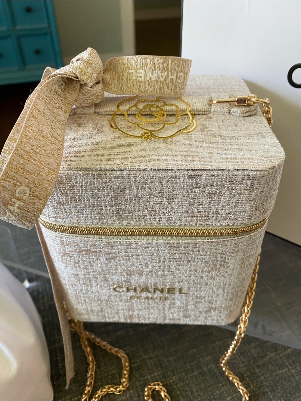 Chanel Cream and Gold Tweed Vanity Case